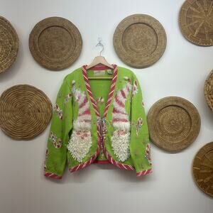 Vintage Design Options Beaded Embellished Santa Christmas Cardigan Sweater Large
